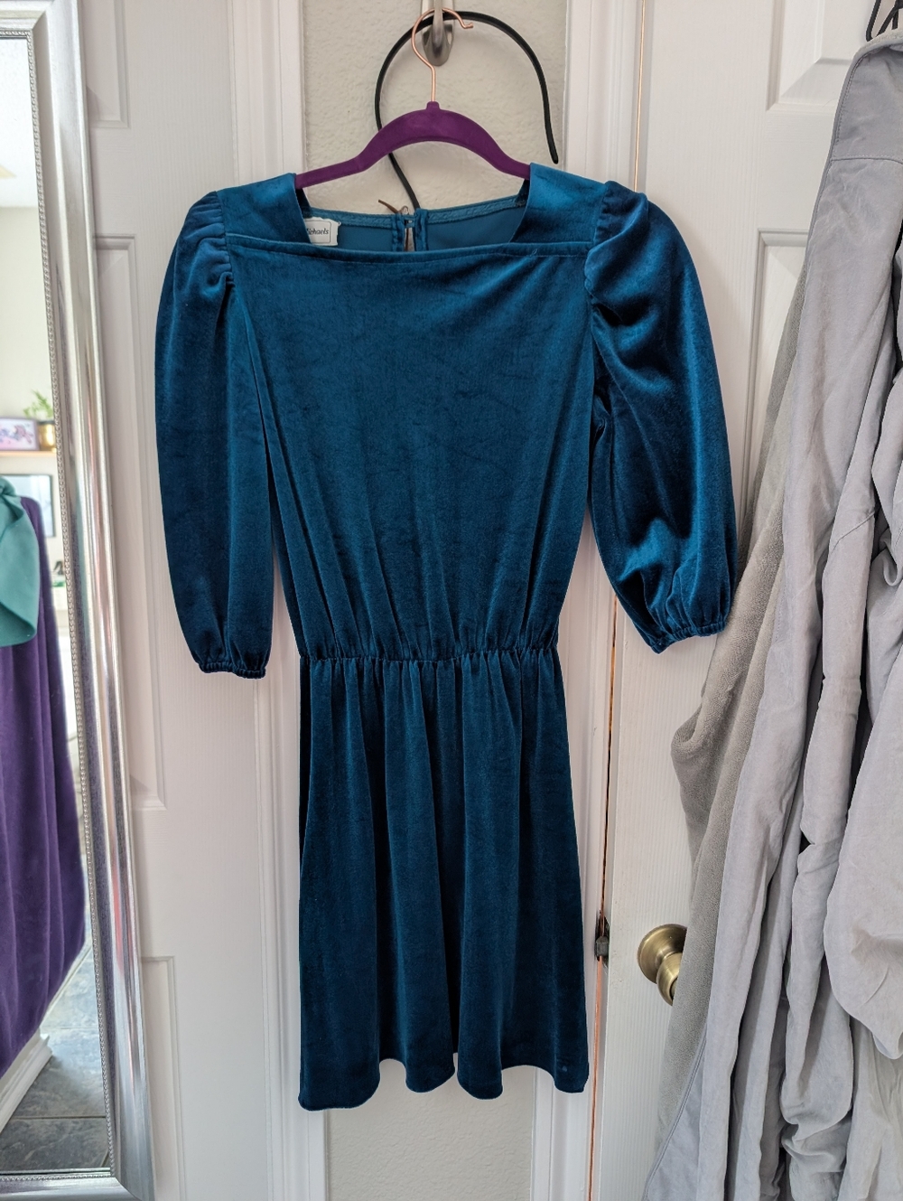 Jodi Michaels Vintage Teal Velvet Puff-Sleeve Mini Dress